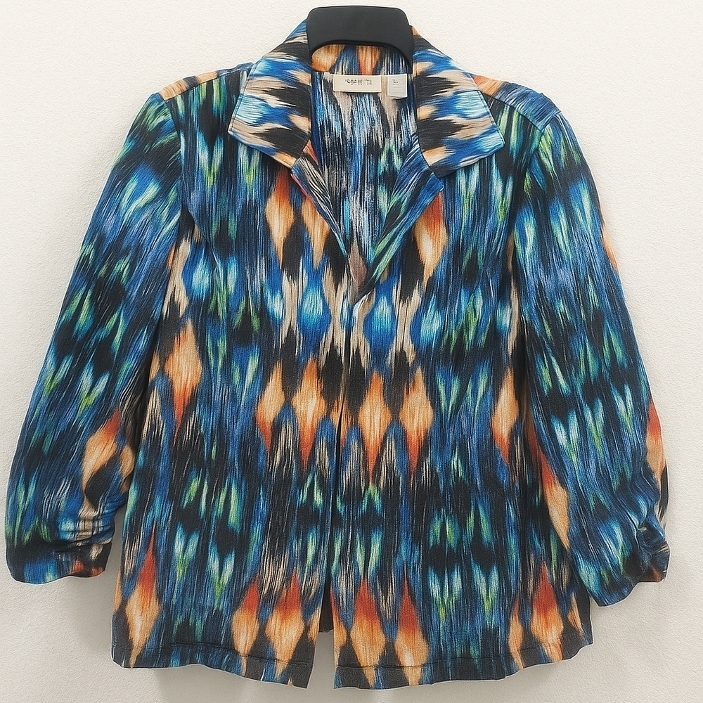 Chicos Womens Linen Cotton Tropical Blazer Jacket Size 1 M Multicolor Ikat Print